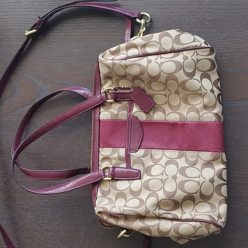 COACH Signature Stripe NANCY Khaki Merlot Jacquard Satchel Crossbody F28505